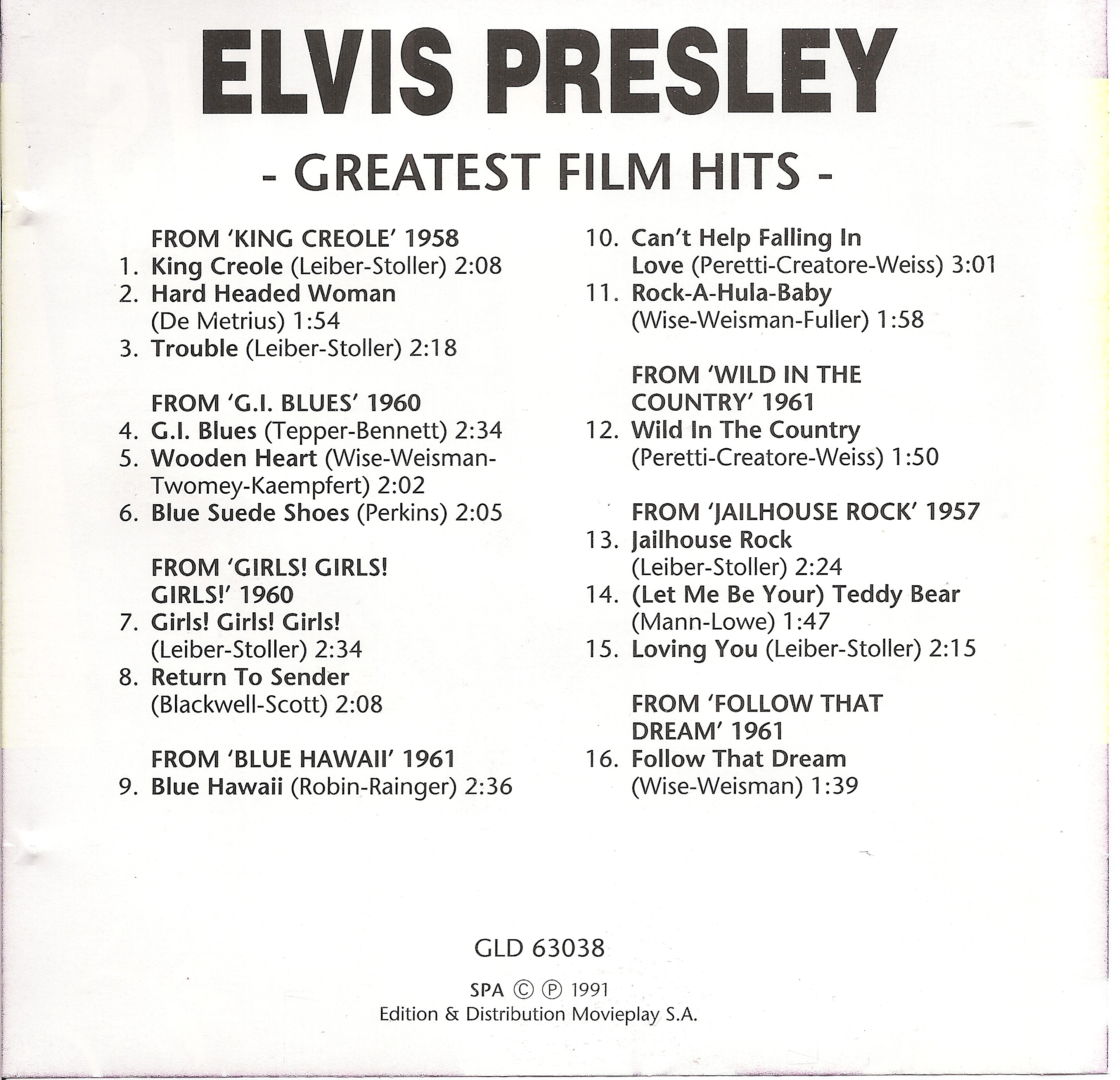 Elvis Presley  Greatest Film Hits : Front + Inlay